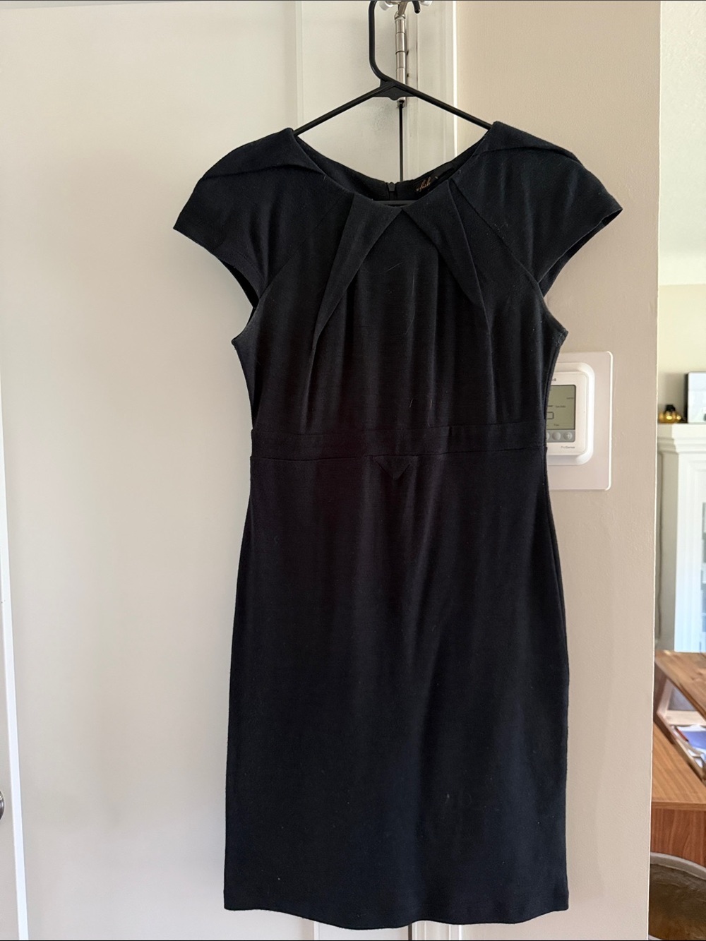 vfish Black Cap-Sleeve Midi Sheath with Pleated Bodice
